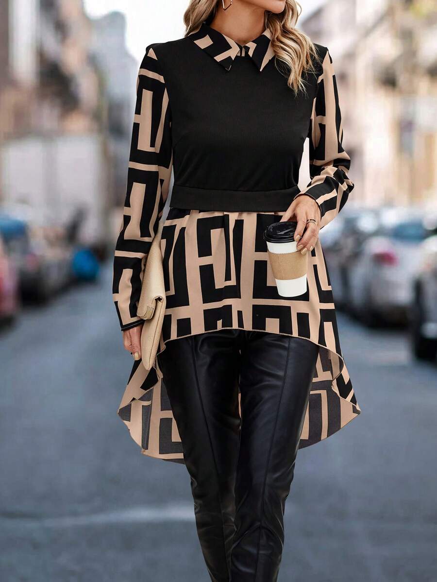 SHEIN LUNE In Địa lý Hem cao thấp Áo sơ mi - màu nâu - Xem 1