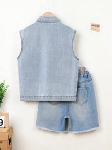 青少年男童牛仔背心短褲套裝,設有翻領 - 淺色水洗藍 - 查看 2