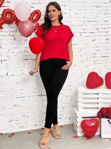 SHEIN LUNE 大码女式蝙蝠袖 T 恤秋季上衣情人节衬衫红色 T 恤舒适 - 紅色 - 查看 4