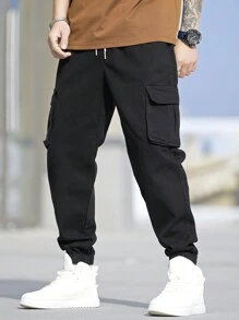 Manfinity Homme Men's Solid Color Drawstring Elastic Cuff Jeans With Pockets - Black - View 6