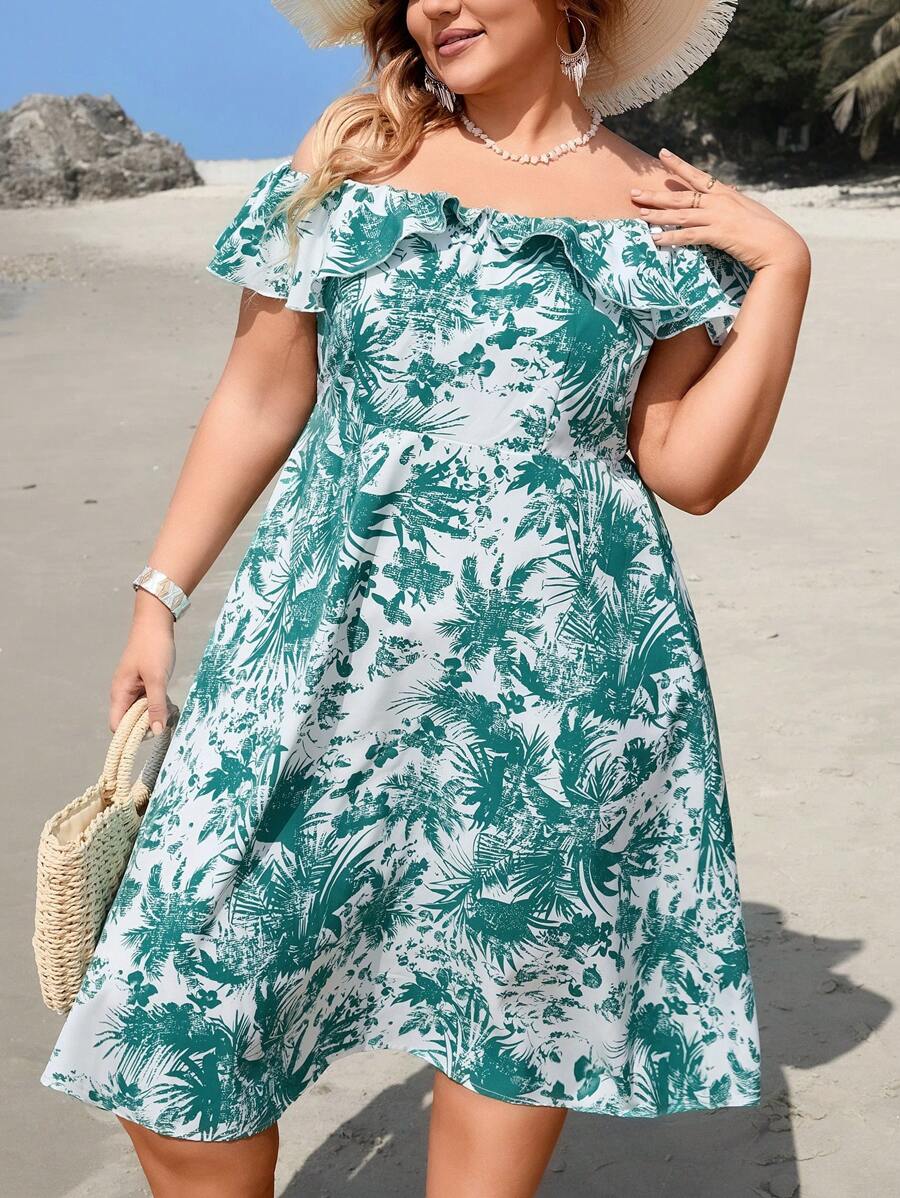 SHEIN VCAY Kích thước lớn bờ biển Giải trí Off Shoulder Màu xanh lá Cây cọ In Váy chữ A Với Viền Ruffle Và Kẹp chặt Eo - Nhiều màu - Xem 1