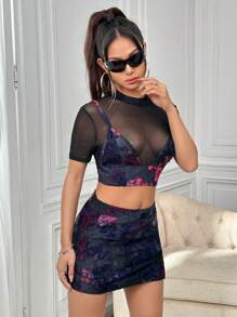 SHEIN ICON 網布面板花紋短上衣和裙子套裝 - 黑色 - 查看 5