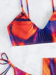 SHEIN Swim Color Block Printed V-Neck Bikini Set, 3pcs Swimwear Summer - Multicolor - View 4