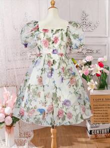 Tween Girls' Bubble Sleeve Dress With Botanical And Bird Print - Multicolor - View 2