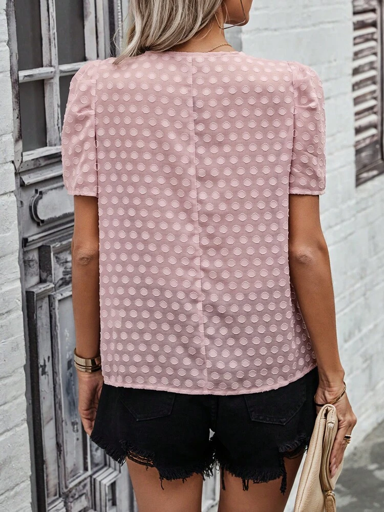 Ladies' Short Sleeve Puff Sleeve Shirt With Lace Trim