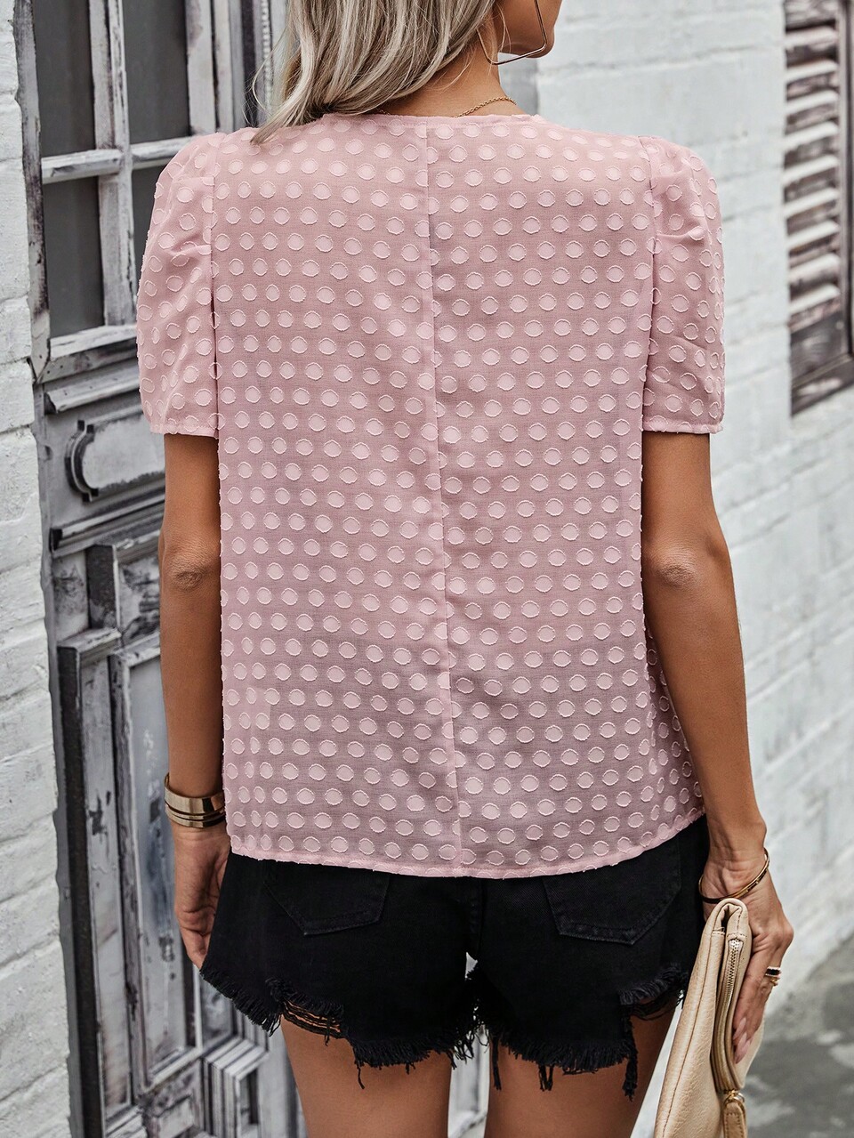 Ladies' Short Sleeve Puff Sleeve Shirt With Lace Trim
