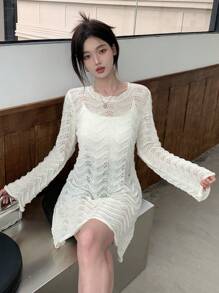DAZY Vestido de suéter tejido corto de manga larga de unicolor y transparente con calado para mujeres