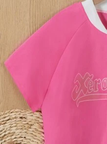 SHEIN Cô gái Tween Khối màu Lá thư In Tay Raglan Áo khoác - Màu Hồng Tươi - Xem 3