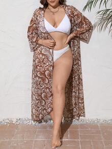 SHEIN Swim Curve 大尺碼印花開襟和服罩衫 - 彩色 - 查看 2