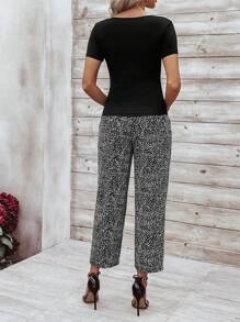 SHEIN LUNE Màu thuần Cổ vuông Thon gọn Áo thun Và Chấm bi In Thẳng Quần - Nhiều màu - Xem 2