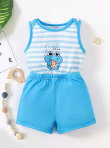 SHEIN Playful Pals Bộ đồ hai mảnh cổ tròn sọc bé trai & quần short cho mùa xuân hè - Màu xanh lam - Xem 3