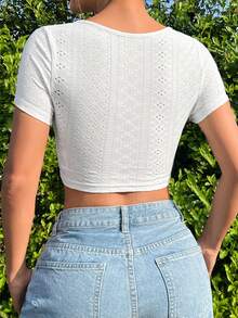 SHEIN EZwear 白色針織中空刺繡修身t卹 - 白色 - 查看 2