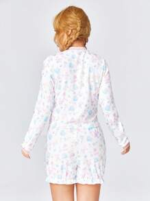 ROMWE Kawaii Casual Heart Shaped Bear Button Up Long Sleeve Top And Shorts Homewear Set For Kids