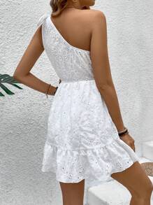 Breezaya Asymmetrical Neckline Ruffle Hem Dress With Random Floral Pattern Vacation Beach Outfits Women - White - View 3