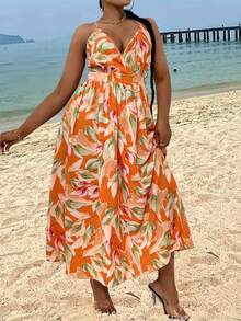 SHEIN Holidaya 女款大尺寸全印花 V 領腰掛脖連身裙