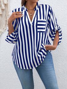 Calvaya Plus Size Striped Shirt With Notched Collar And Rolled-Up Sleeves, Summer - Multicolor - View 4