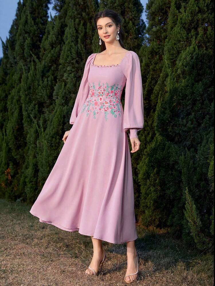 Women'S Lantern Sleeve Dress With Flower Print Eid Dress