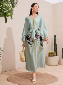 Al Najma Patchwork Dress With Geometric Printed Ribbons Kaftan Jalabiya Dress - Mint Green - View 6