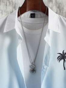 Manfinity Chillmode 男士椰子树印花渐变色短袖衬衫和松紧腰带抽绳短裤两件套 - 淺藍色 - 查看 4