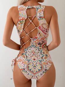 SHEIN Swim Của phụ nữ Áo tắm một mảnh Với In thực vật , Dây đai - Nhiều màu - Xem 2