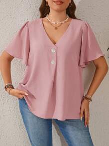 EMERY ROSE Plus Size Women's Butterfly Sleeve Button Up Shirt - Pink - View 3