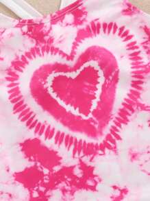 SHEIN Young Girls' Casual Tie-Dye Heart Print One-Piece Swimsuit With Skirt Set For Spring And Summer - Pink - View 3