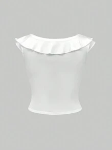 SHEIN Unity 女士純色扭結前、荷葉邊t恤 - 白色 - 查看 2