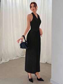 SHEIN 女士情人节挂脖单排扣背心和百褶裙两件套秋冬 - 黑色 - 查看 5