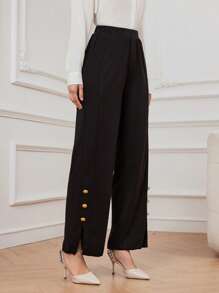 Mulvari Women's Wide Leg Pants With Buttoned Cuffs - Black - View 4