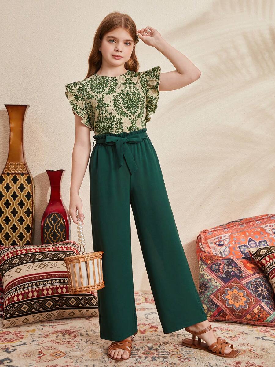 SHEIN Leap Crew Tween Girls' Loose Fit Casual Round Neck Short Cap Sleeve Top And Wide Leg Pants Set With Waist Belt - Green - View 1