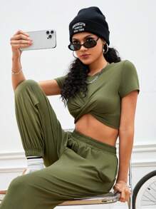 Gameset SHEIN Sport Women's Round Neck Twist Front Athletic Tracksuit - Olive Green - View 4