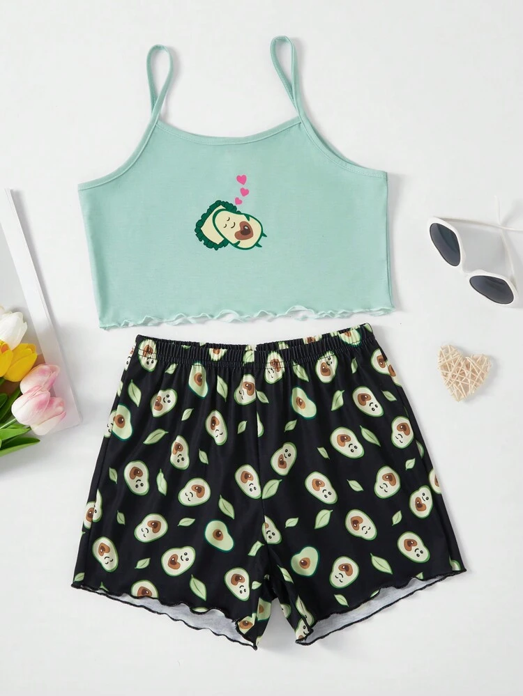 Girls' Simple Avocado Print Cami Top With Short Sleeve Casual Set, Suitable For Home Wear