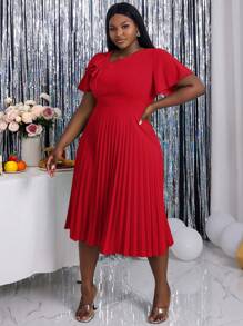 Plus Size Women Asymmetric Neckline Elegant Ruffle Sleeve A-Line Dress, Suitable For Commute, Graduation Ceremony, Church Service, Graduation Gown - Red - View 2
