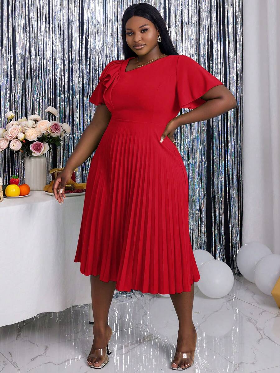 Plus Size Women Asymmetric Neckline Elegant Ruffle Sleeve A-Line Dress, Suitable For Commute, Graduation Ceremony, Church Service, Graduation Gown
