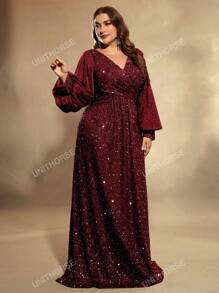 UNITHORSE UNITHORSE Plus Size Lantern Sleeve Sequined Formal Dress, Elegant Long Sleeve Prom Evening Wedding Guest Gown, For Graduation, Dinner, Bride Dress, Birthday Women Outfits, Graduation Dress,Party Dress