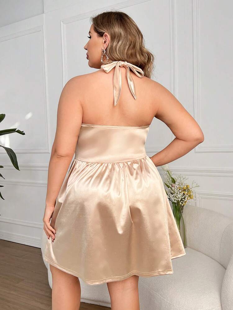 Plus Size Women's Satin & Satin Halter Neck Skater Dress