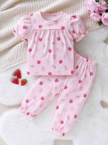 SHEIN Conjunto De Ropa Informal Para Niñas Con Estampado De Fresa En Camiseta De Manga Corta Y Pantalón - Rosa Pálido - Ver 1