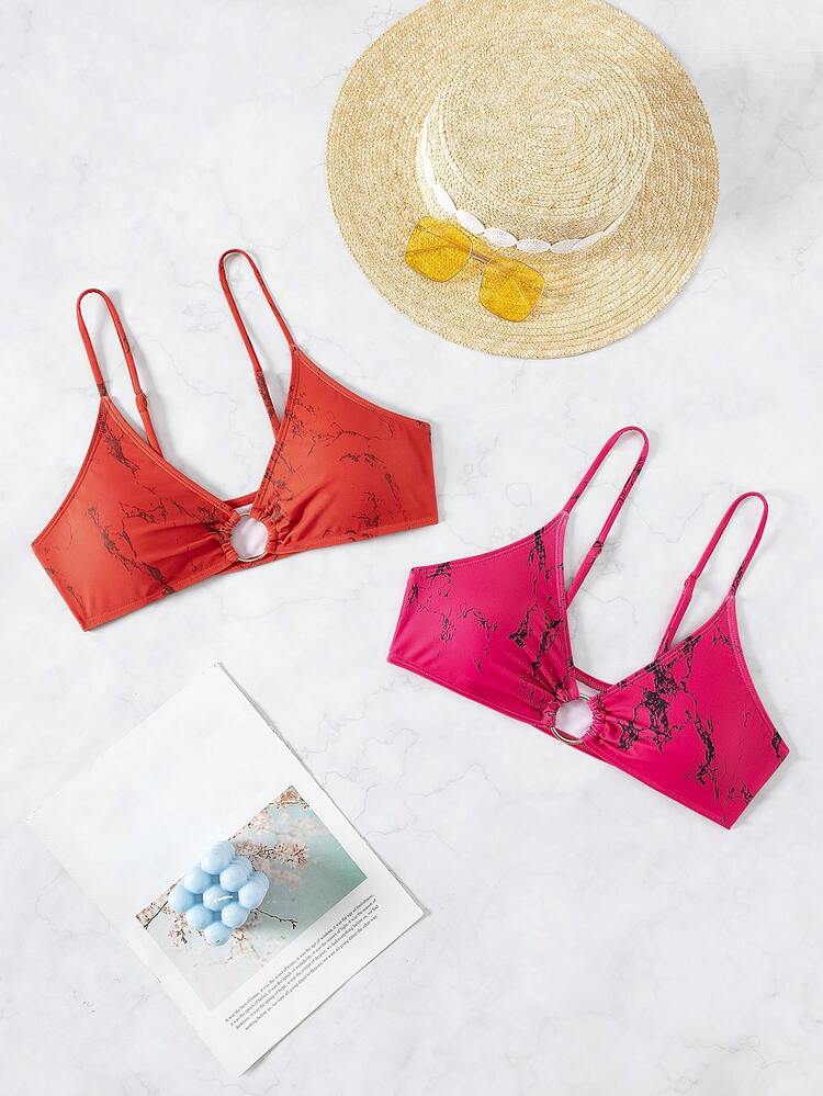 2pcs/Set Women's Marble Print Bikini Top With Spaghetti Straps Summer