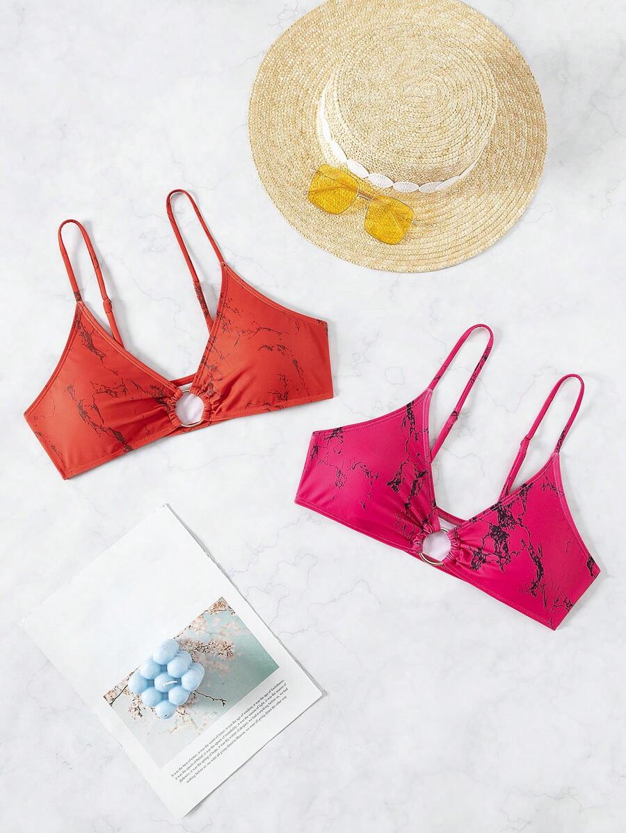 SHEIN Swim 2pcs/Set Women's Marble Print Bikini Top With Spaghetti Straps Summer - Multicolor - View 1