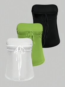 SHEIN EZwear 女款實色褶皺無肩帶上衣,側邊荷包繩細節 - 彩色 - 查看 2