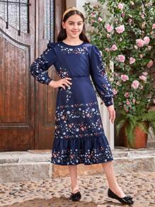 SHEIN Tween Girl Set Of 2pcs Vintage Floral Patterned Round Neck Long Sleeve Shirt With Ruffle Trim Skirt & Matching Outfits For Mommy And Me (Each Set Sold Separately)