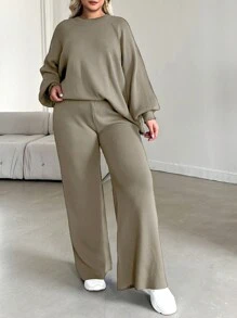 SHEIN Cottnline Plus Size Women's Lantern Sleeve Raglan Sleeve Sweater Set - Mocha Brown - View 5