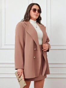 RueChic Của phụ nữ Kích thước lớn Nguyên chất Màu sắc Cổ áo tây Đôi ngực Áo vest Và Váy Bộ đồ - Lạc đà - Xem 3