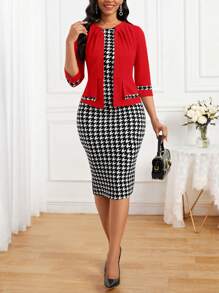 SHEIN Lady Women's Sleeveless Houndstooth Dress And Open Front Jacket Set - Red - View 5