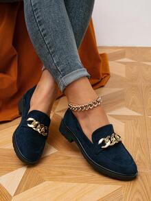 女士春秋款休閒圓頭絨面平底便鞋,帶舒適鞋底和鏈條裝飾 - 藏蓝色 - 查看 5