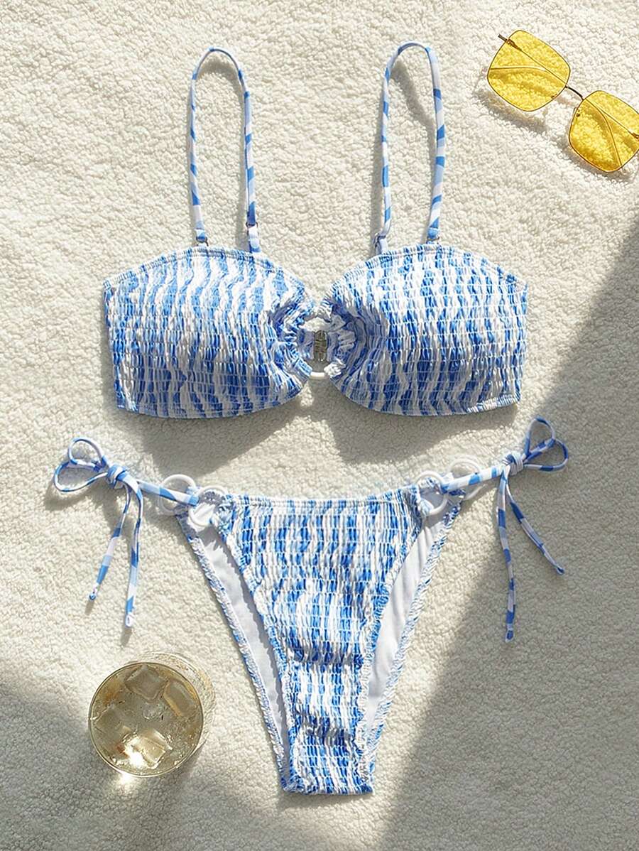 SHEIN Swim 女士扎染泳衣套装 夏季 - 藍白色 - 查看 1