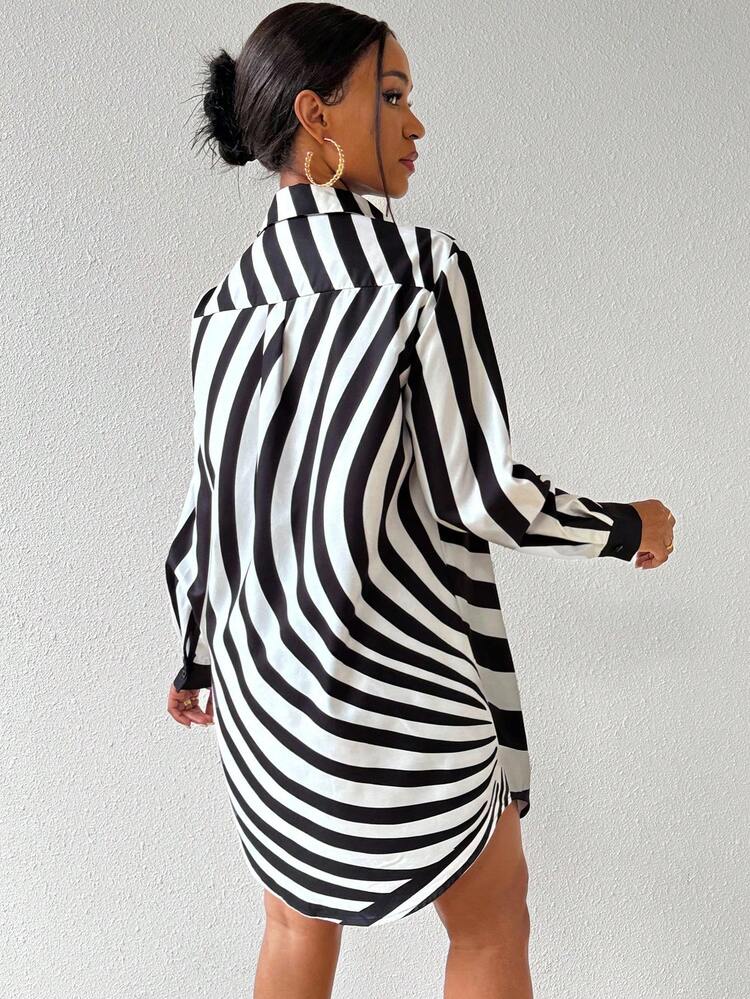 Color Block Stripe Front Button Dress Fall Cloth For Women