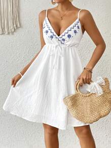 SHEIN VCAY Women's V-Neck Embroidered Spaghetti Strap Dress - White - View 4