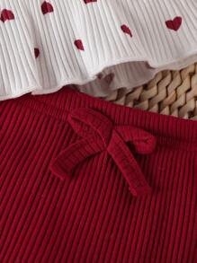 SHEIN 夏季新生兒女嬰兒心形印花背心上衣和短褲套裝,帶有肋紋設計 - 紅色 - 查看 3