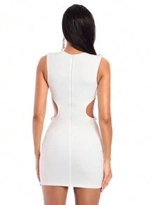 SHEIN BAE 白色精緻鑽石裝飾環空腰部,閃亮邊緣優雅晚禮服 - 白色 - 查看 3